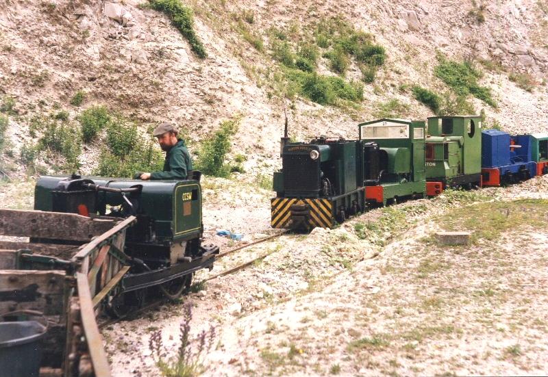 ccsw-cliffside-line.jpg - Preparations for Gala Weekend saw all our locos lined up round the top endof hte pit. David Smith shunts some wagons with the Chichester Hibberd.
