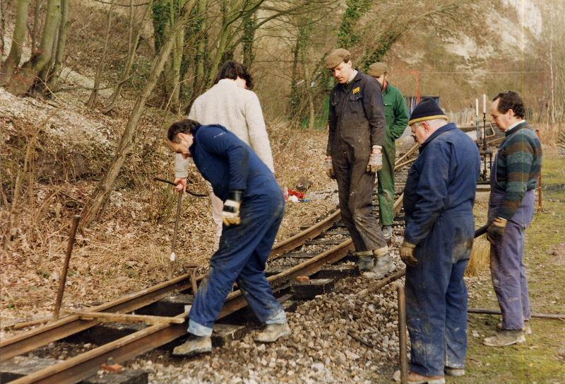 trackgang1.jpg - As always on the passenger railway, the track settles with use - here the bend out of Brockham is being checked, regauged and packed.