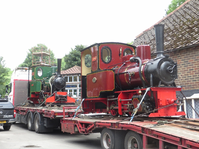2016-06-300010.JPG - Both locos arrived on a flatbed lorry and trailer. The red one is named Susan, an 0-4-0 well tank built by Orenstein & Koppel (No.3136) in 1908. The green loco is Jenny, Arn Jung 3175 built in 1921. Transport was arranged by James Pavey of Big Bale.